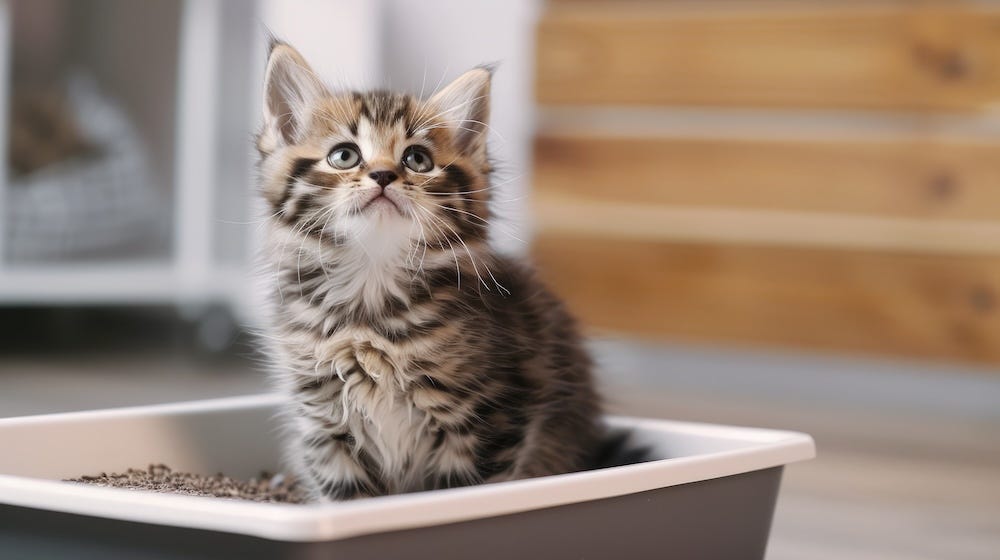体に合った大きさの猫トイレに座る子猫