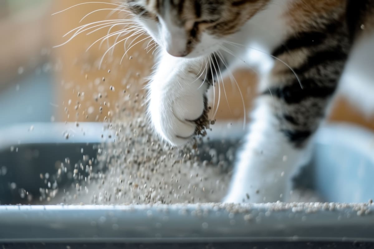 猫トイレの砂を勢いよく蹴っている猫