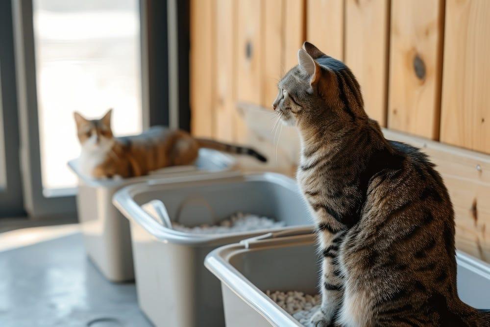 部屋に並んだ複数の猫トイレ