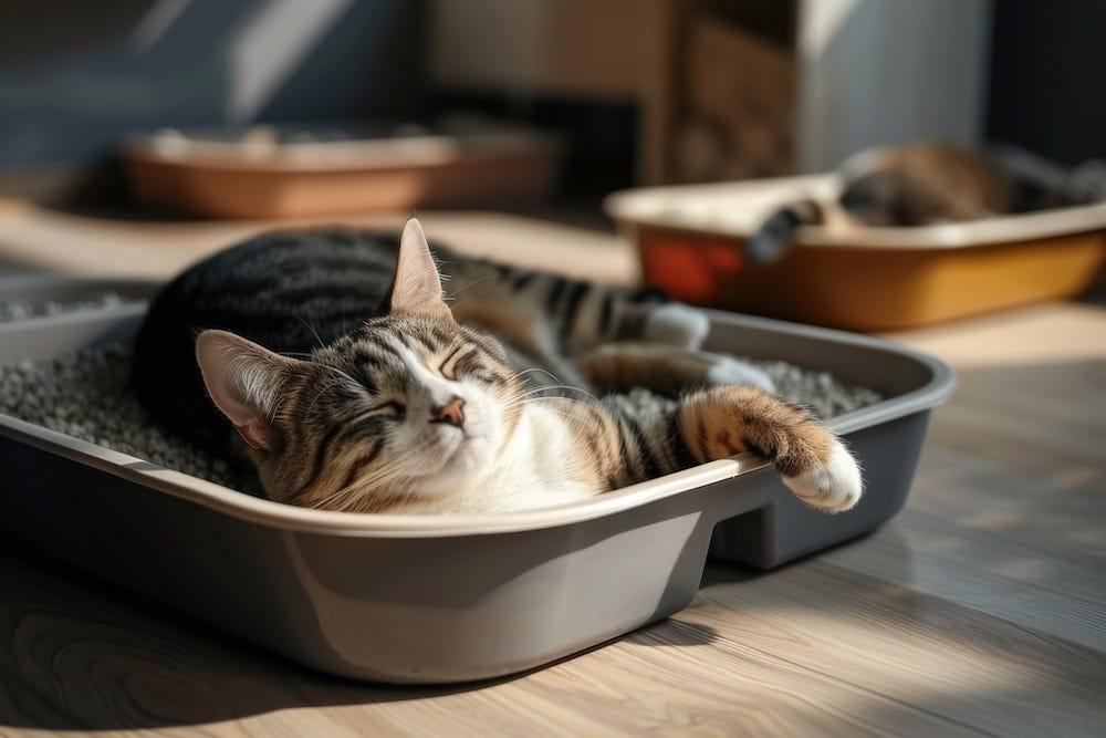 猫のトイレの中で丸くなって眠るキジトラ