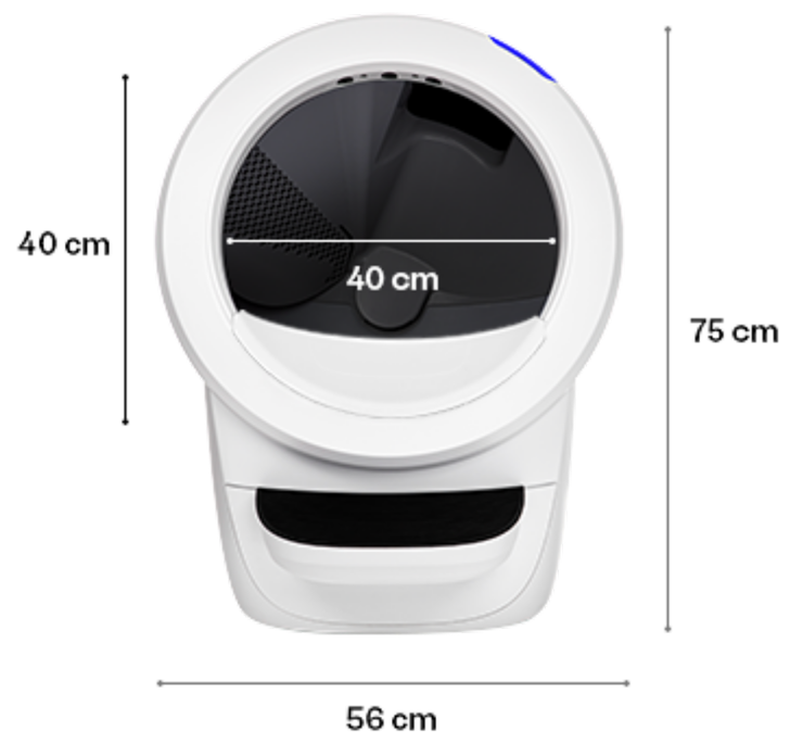 Litter-Robot 4 を正面から見た寸法図。幅56cm、高さ75cm、開口部の径40cm