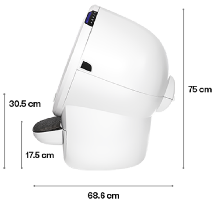 Litter-Robot 4 を側面から見た寸法図。奥行き68.6cm、高さ75cm